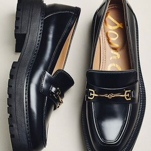 Sam Edelman Glossy Black Loafers with Gold Hardware